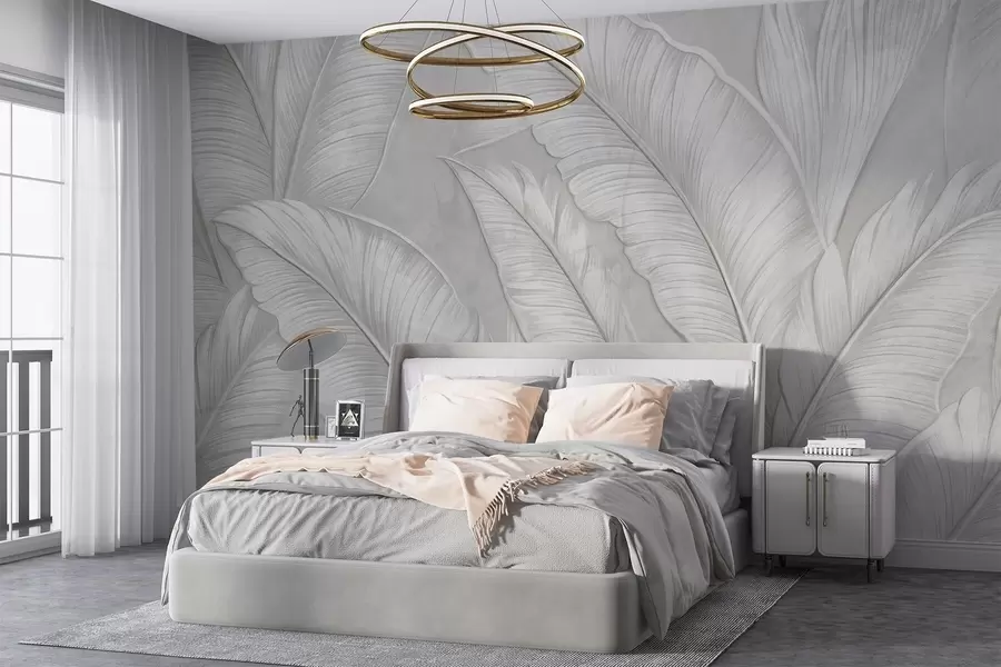 Papier peint Grandes feuilles tropicales très texturées et détaillées dans une couleur gris clair monochromatique de style loft  w08772