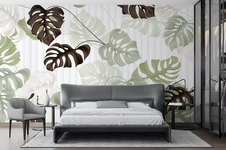 Papier peint Feuilles de monstera dans les tons de vert, blanc et brun foncé, sur un fond clair à la texture rayée w08773