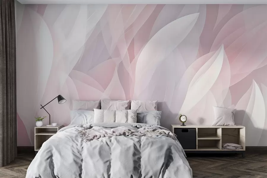 Papier peint Motif abstrait présentant des formes douces en forme de pétales dans des tons de rose et de blanc, créant un effet de superposition w08774