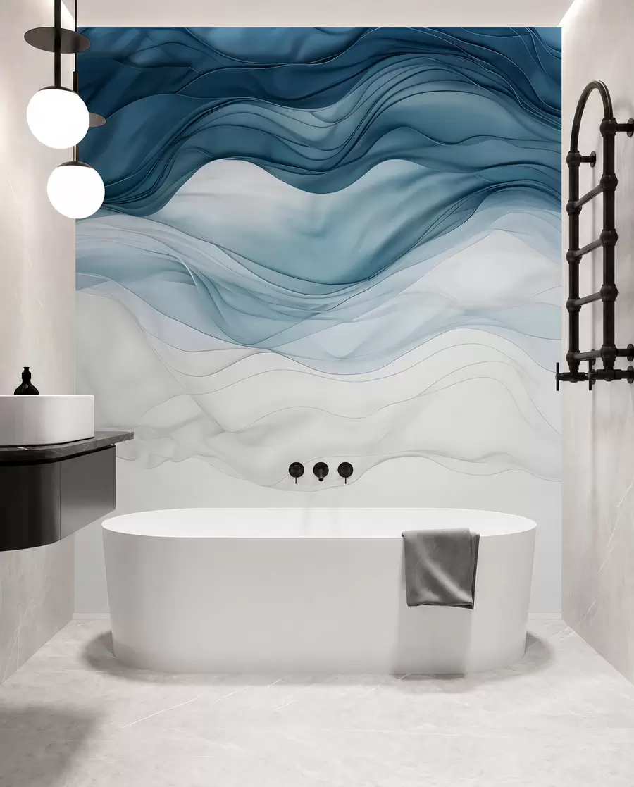 Papier peint Vagues fluides de textures translucides dans les tons de bleu foncé, bleu clair et blanc sur un fond clair  w08775