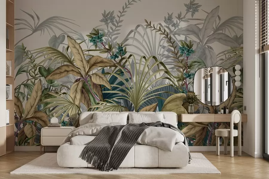 Papier peint Arrangement de diverses plantes tropicales aux larges feuilles vibrantes, créant une scène de feuillage luxuriant sur un fond beige clair  w08777v1