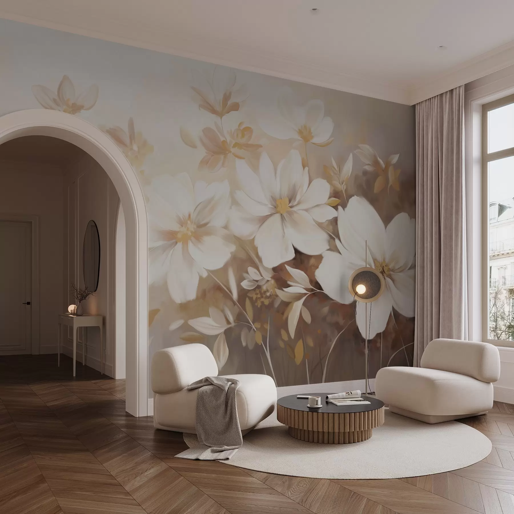 Papier peint Fleurs peintes en blanc avec des pétales doux et des feuilles délicates, sur un fond beige clair et crème w08780