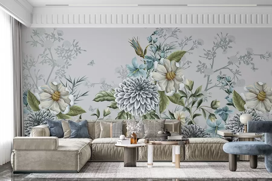 Papier peint Imprimé floral composé de chrysanthèmes, de fleurs bleues délicates et de feuilles vertes entrelacées de branches  w08782