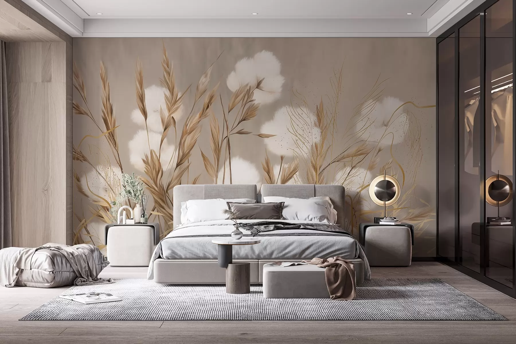 Papier peint Fleurs blanches en coton doux et duveteux et hautes herbes en épis orange sur un fond beige texturé w08784