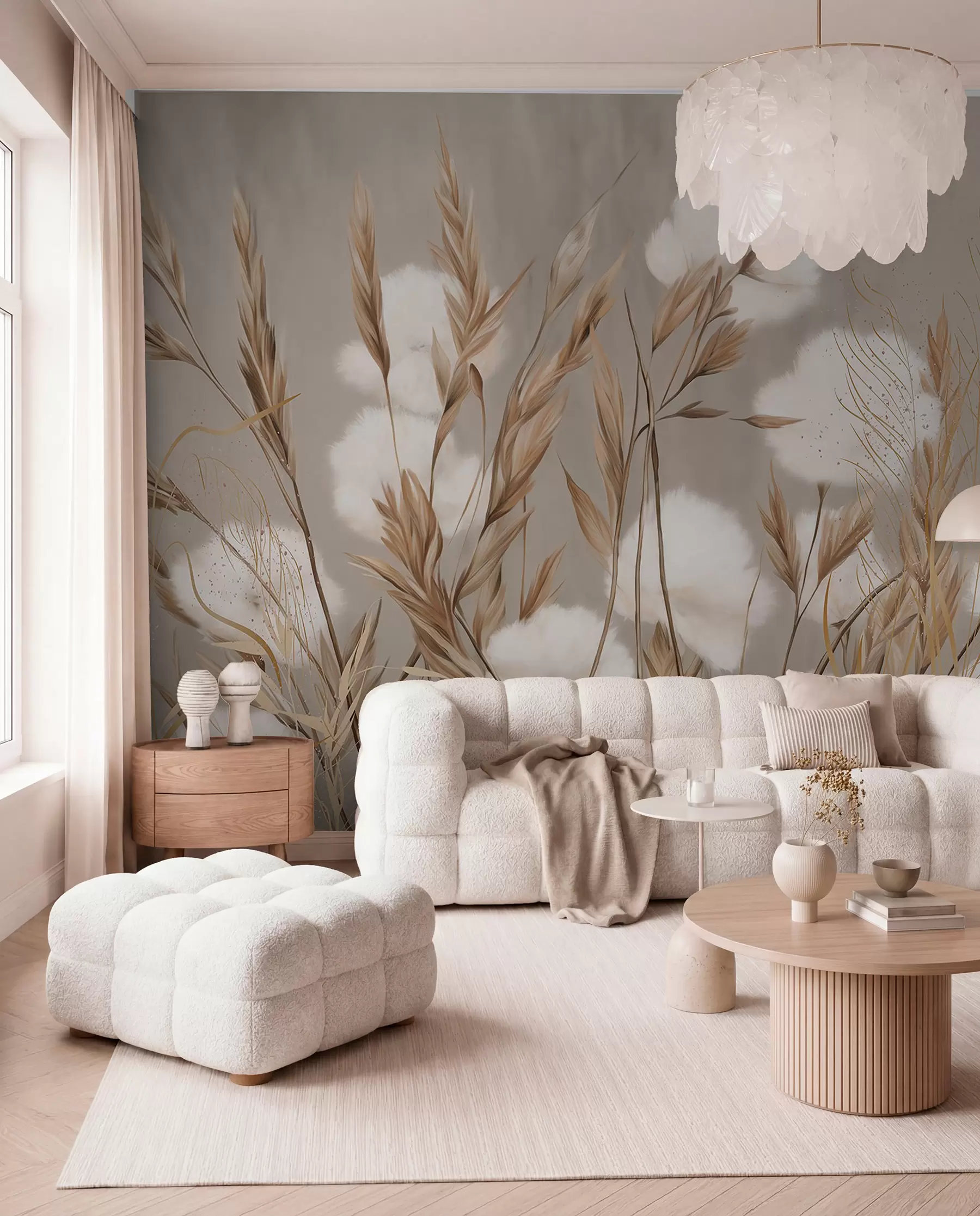Papier peint Fleurs blanches en coton doux et duveteux et hautes herbes en épis orange sur un fond beige texturé w08784
