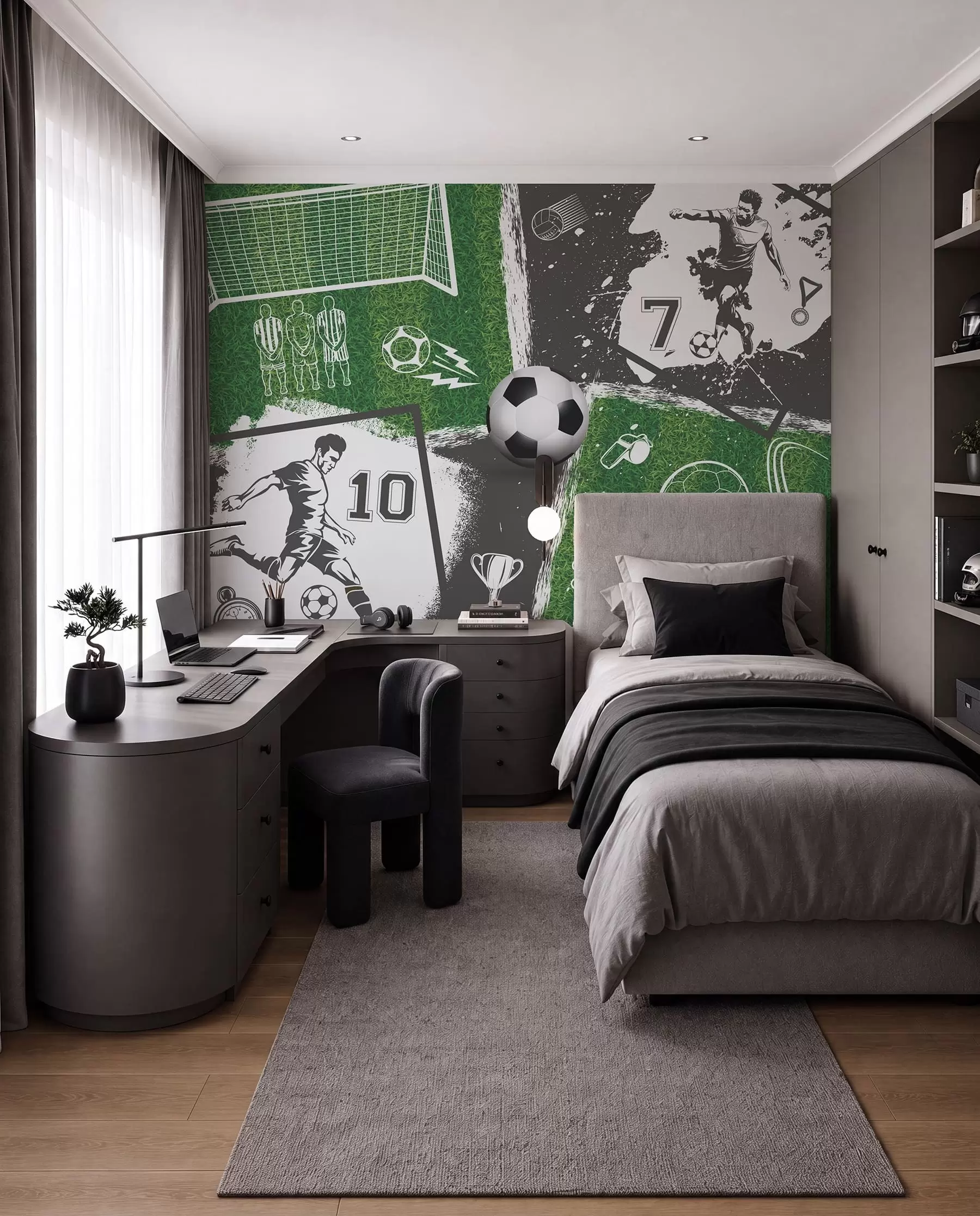 Papier peint Joueurs de football, ballon et terrain w03121