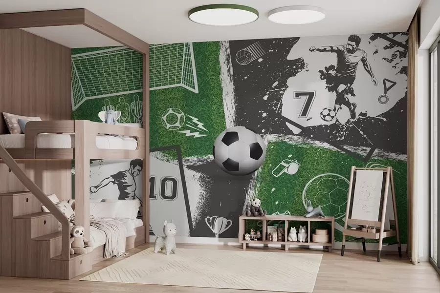 Papier peint Joueurs de football, ballon et terrain w03121