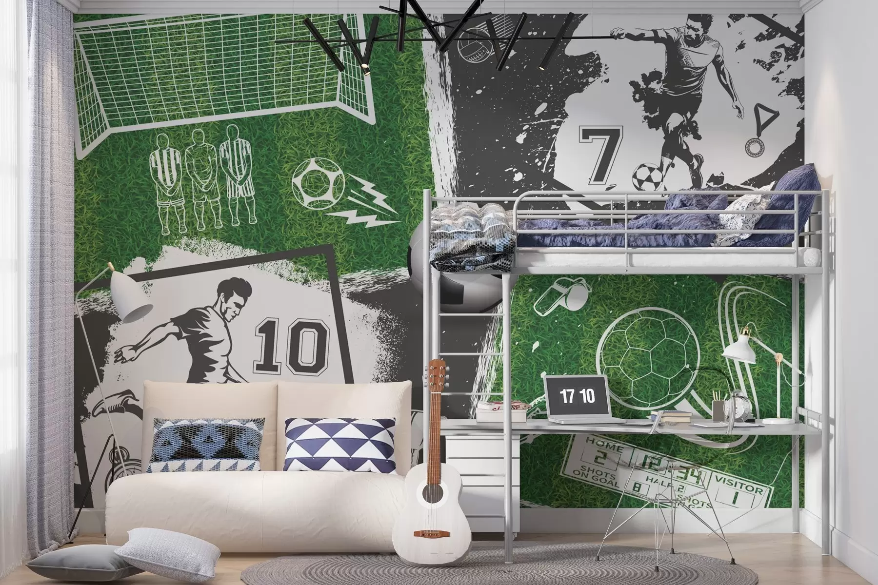 Papier peint Joueurs de football, ballon et terrain w03121