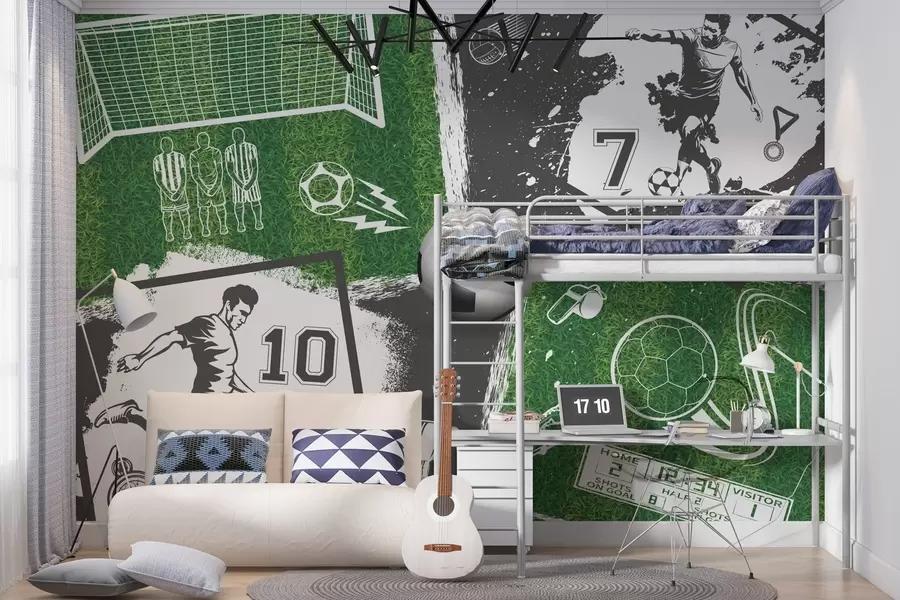 Papier peint Joueurs de football, ballon et terrain w03121