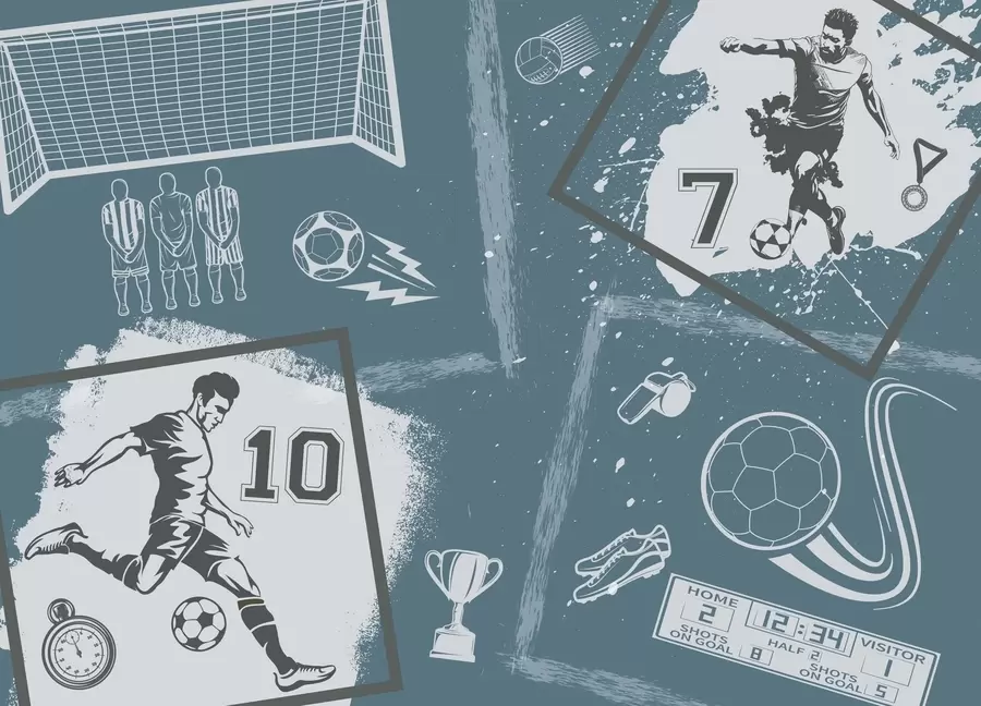 Papier peint Joueurs de football, ballon et autres attributs du football dans les tons bleus w03122