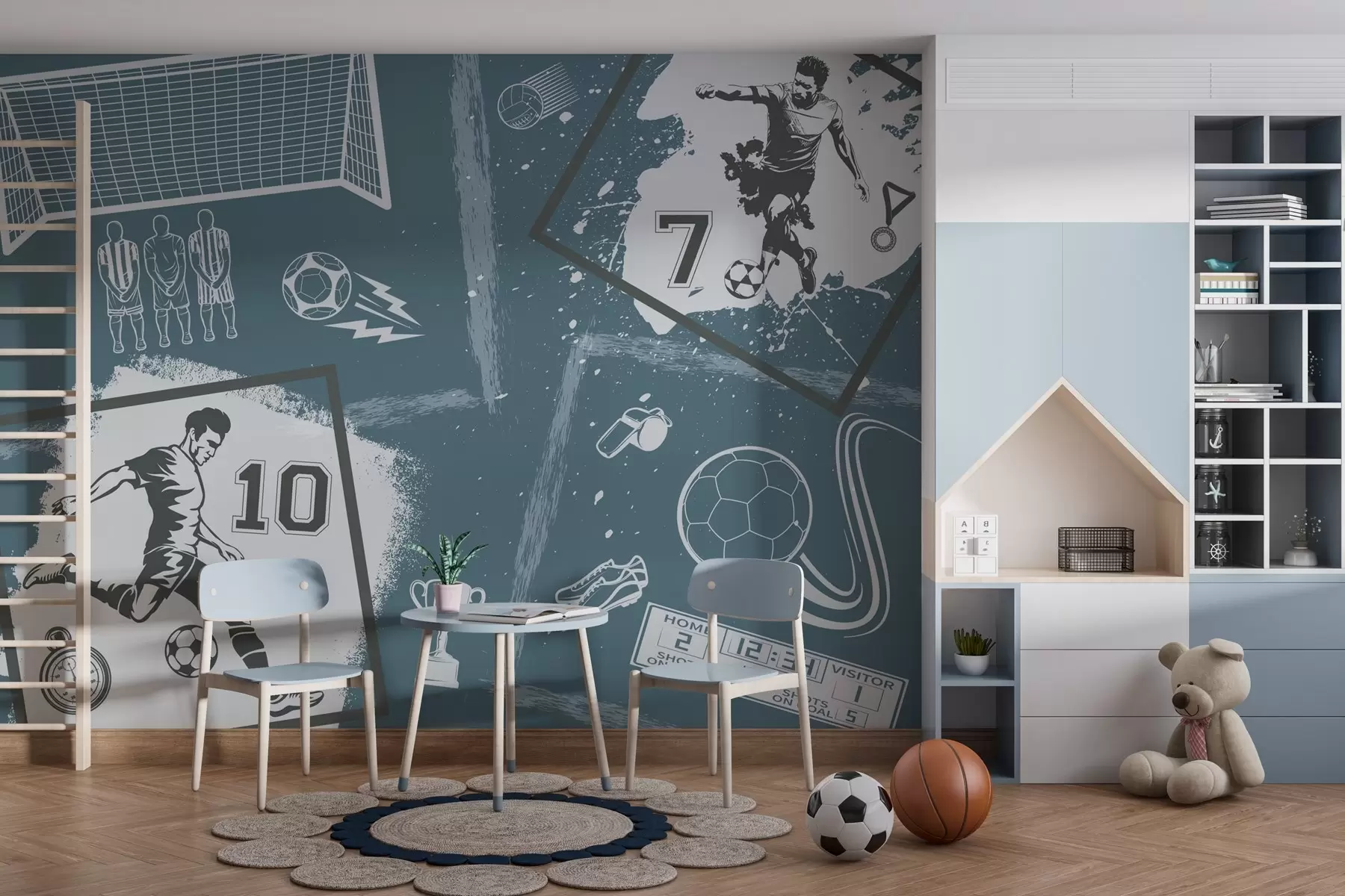 Papier peint Joueurs de football, ballon et autres attributs du football dans les tons bleus w03122