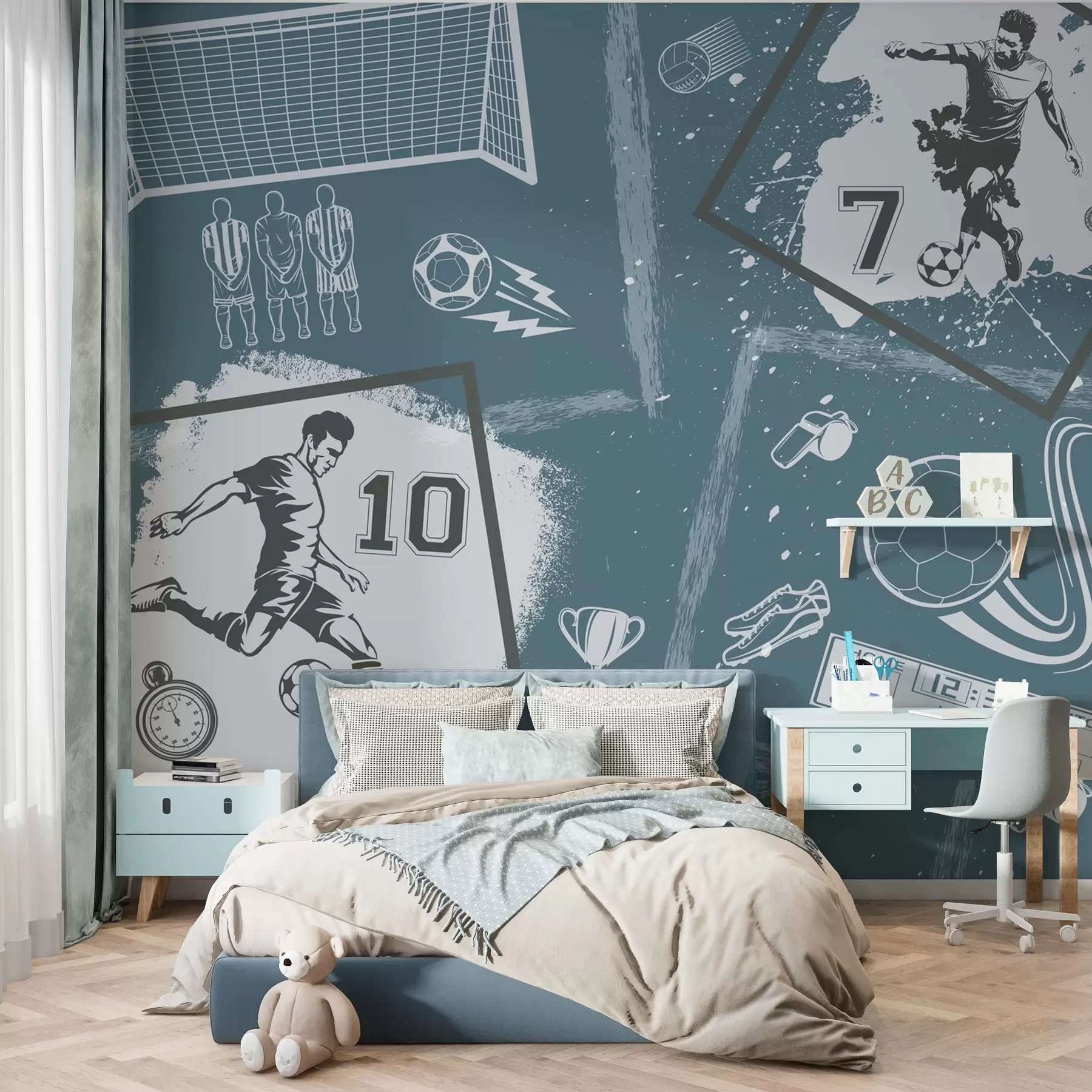 Papier peint Joueurs de football, ballon et autres attributs du football dans les tons bleus w03122