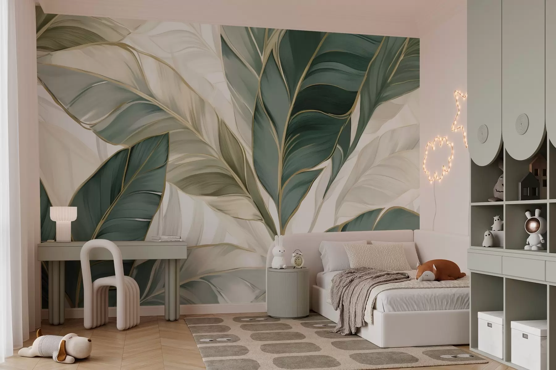 Papier peint Feuilles tropicales vertes sur fond gris et blanc w03124