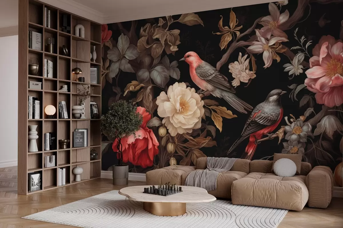 Papier peint Oiseaux et fleurs aux accents sombres w03131