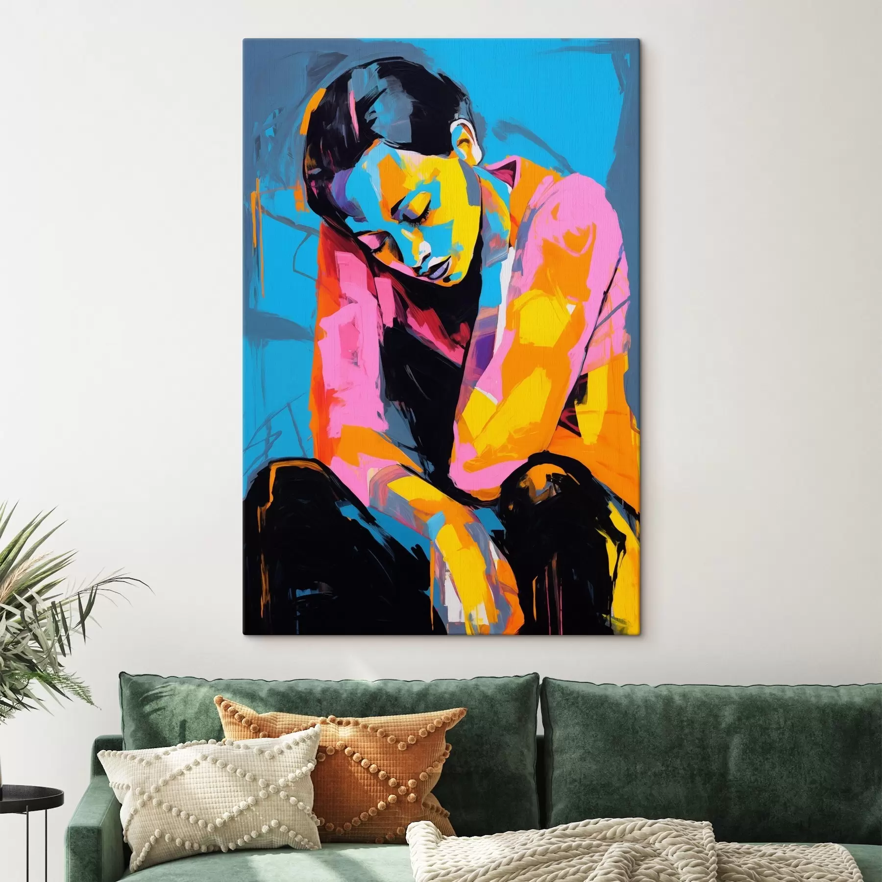 Tableau Portrait abstrait d'une personne pensive dans des couleurs vibrantes s42936