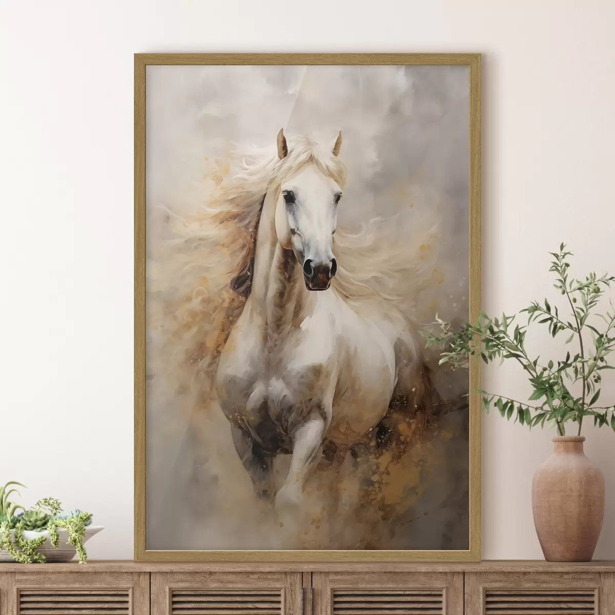 Poster Portrait pittoresque d'un cheval blanc en mouvement f42932