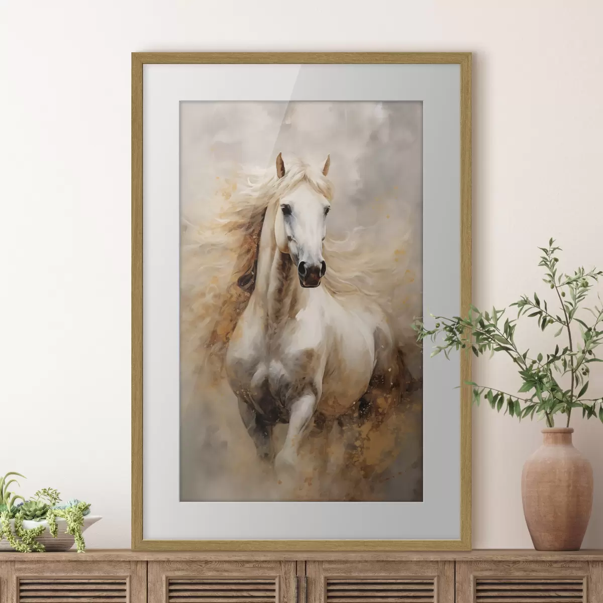 Poster Portrait pittoresque d'un cheval blanc en mouvement f42932