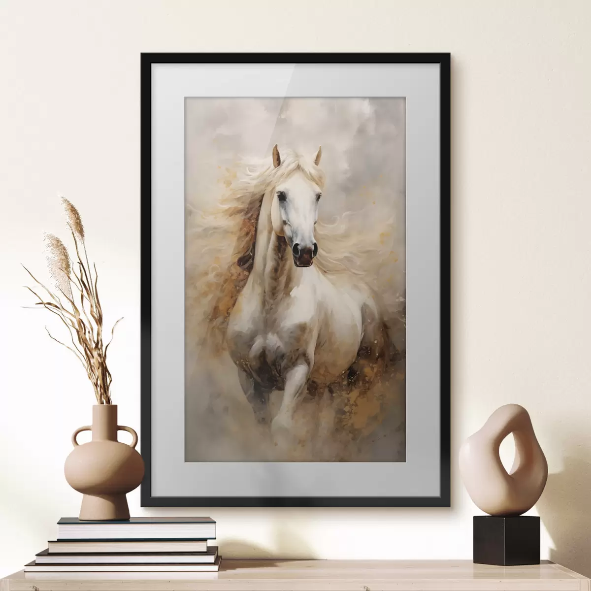 Poster Portrait pittoresque d'un cheval blanc en mouvement f42932