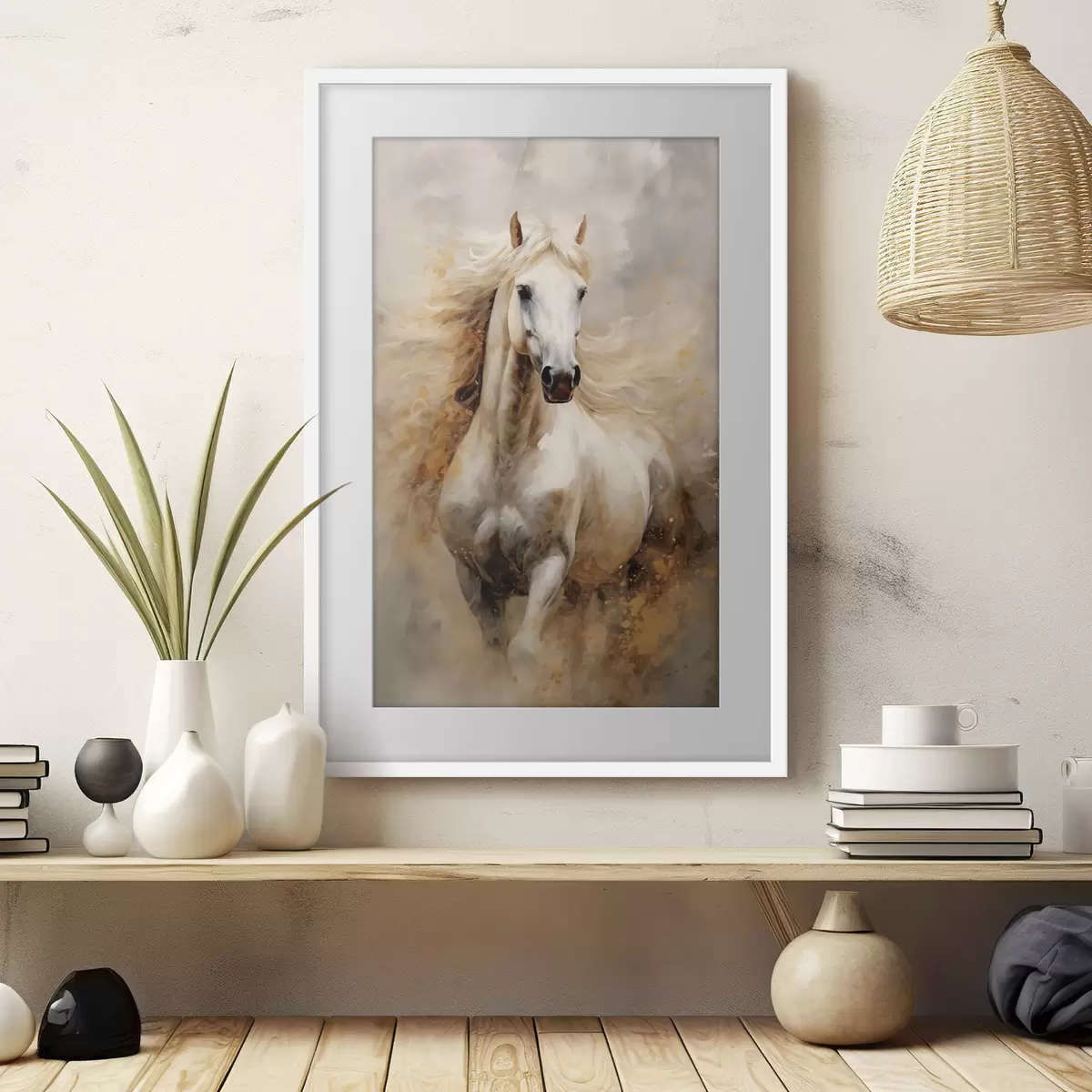 Poster Portrait pittoresque d'un cheval blanc en mouvement f42932