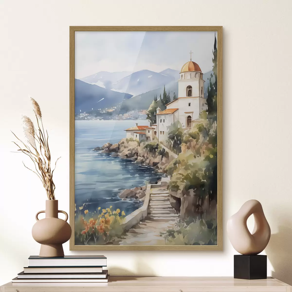 Poster Église en bord de mer avec les montagnes en arrière-plan f42962