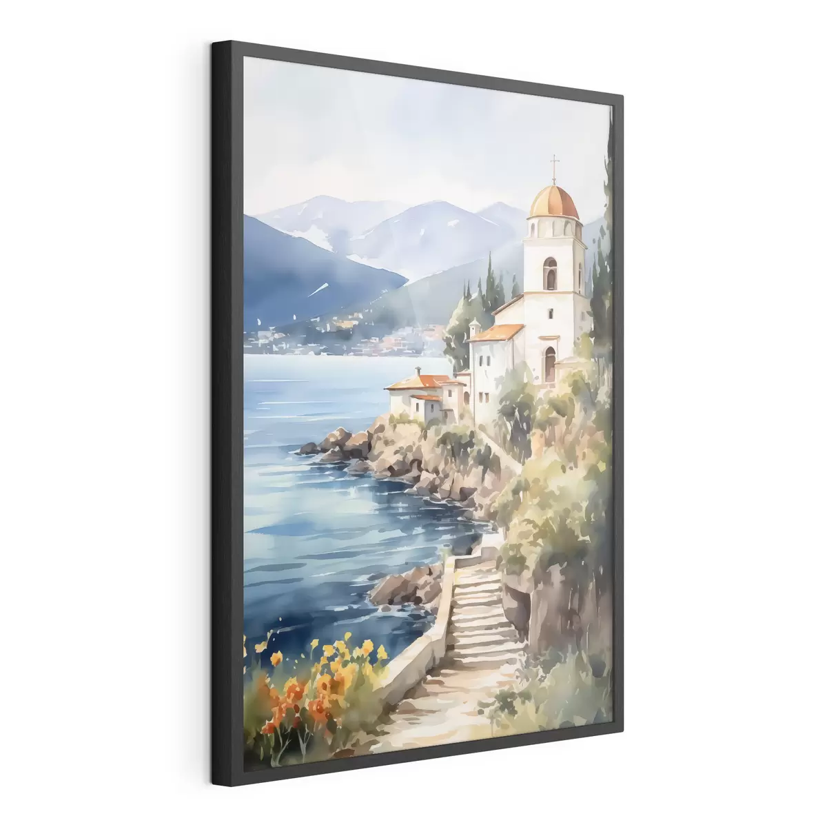 Poster Église en bord de mer avec les montagnes en arrière-plan f42962