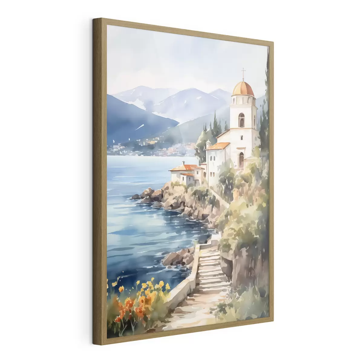 Poster Église en bord de mer avec les montagnes en arrière-plan f42962