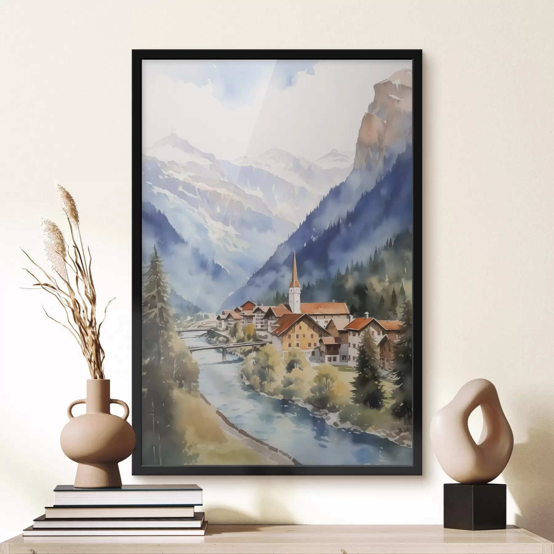 Tableau Village près des montagnes imitation aquarelle f42964