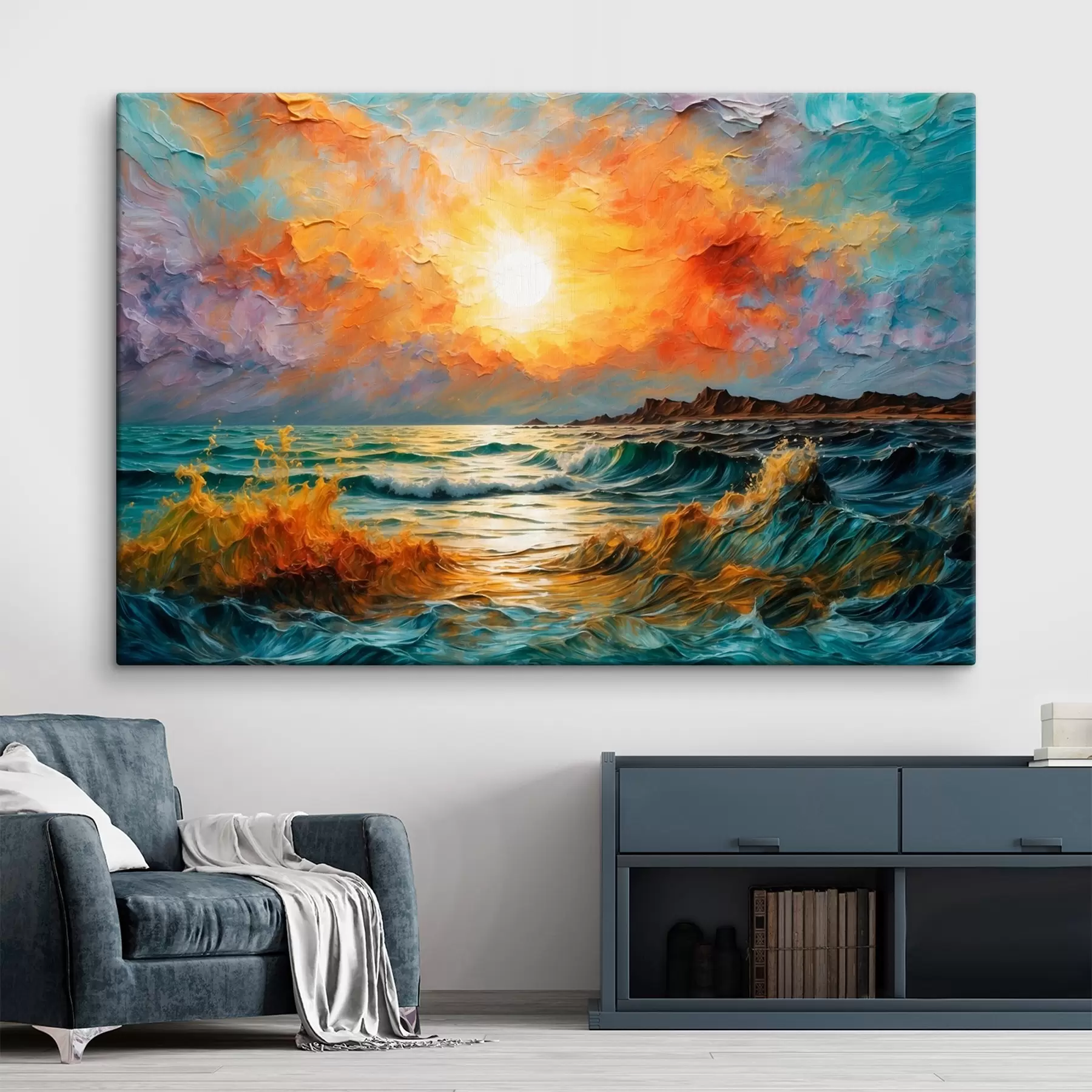 Papier peint Mer agitée et soleil en peinture à l'huile s42920