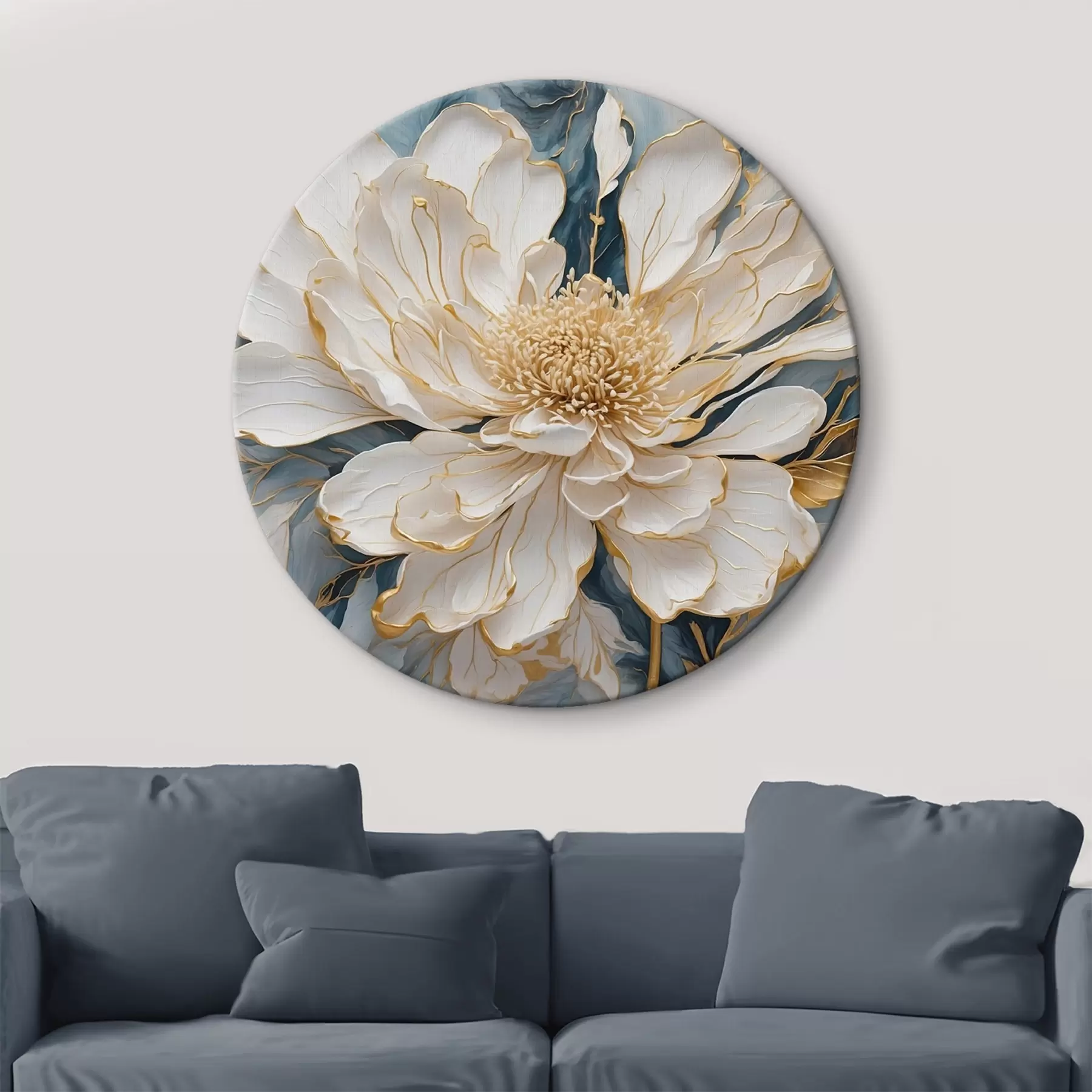 Tableau Fleur blanche aux contours dorés sur fond bleu-blanc r42923