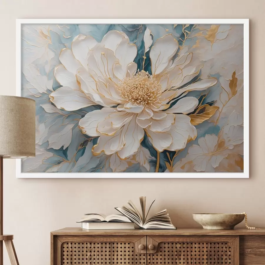 Papier peint Fleur blanche avec contours sur fond bleu et blanc f42923
