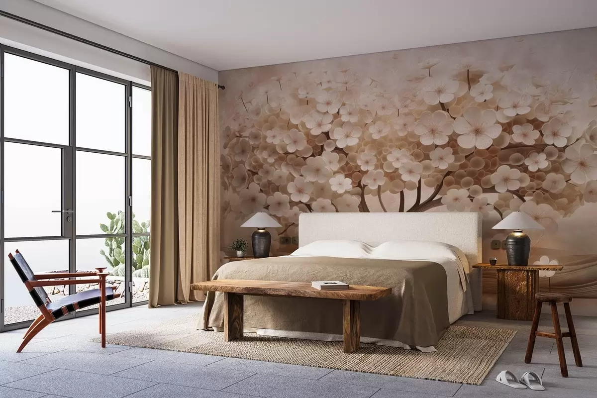 Papier peint Arbre abstrait avec petites fleurs sur fond de mur vieilli w08794