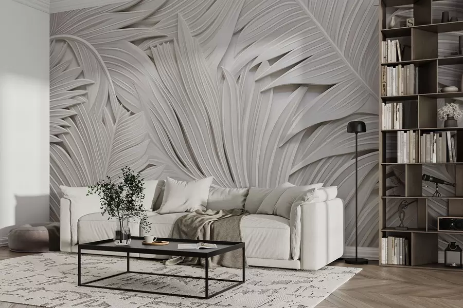 Papier peint Imitation de moulures, grandes branches de plantes tropicales w08795