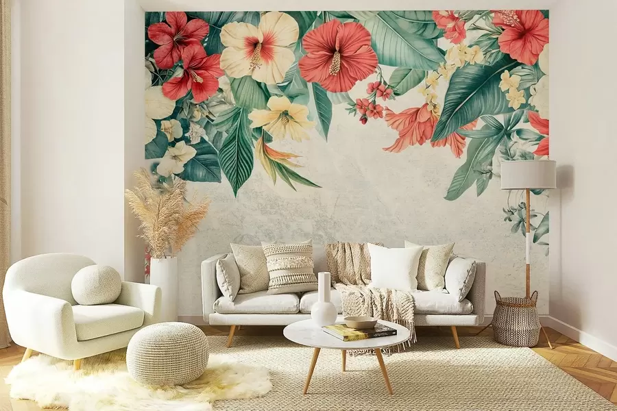 Papier peint fleurs et plantes tropicales suspendues sur un fond texturé w03023