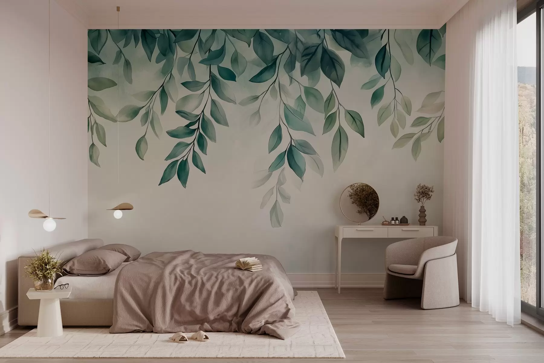 Papier peint feuilles vertes de style aquarelle suspendues au sommet w03024