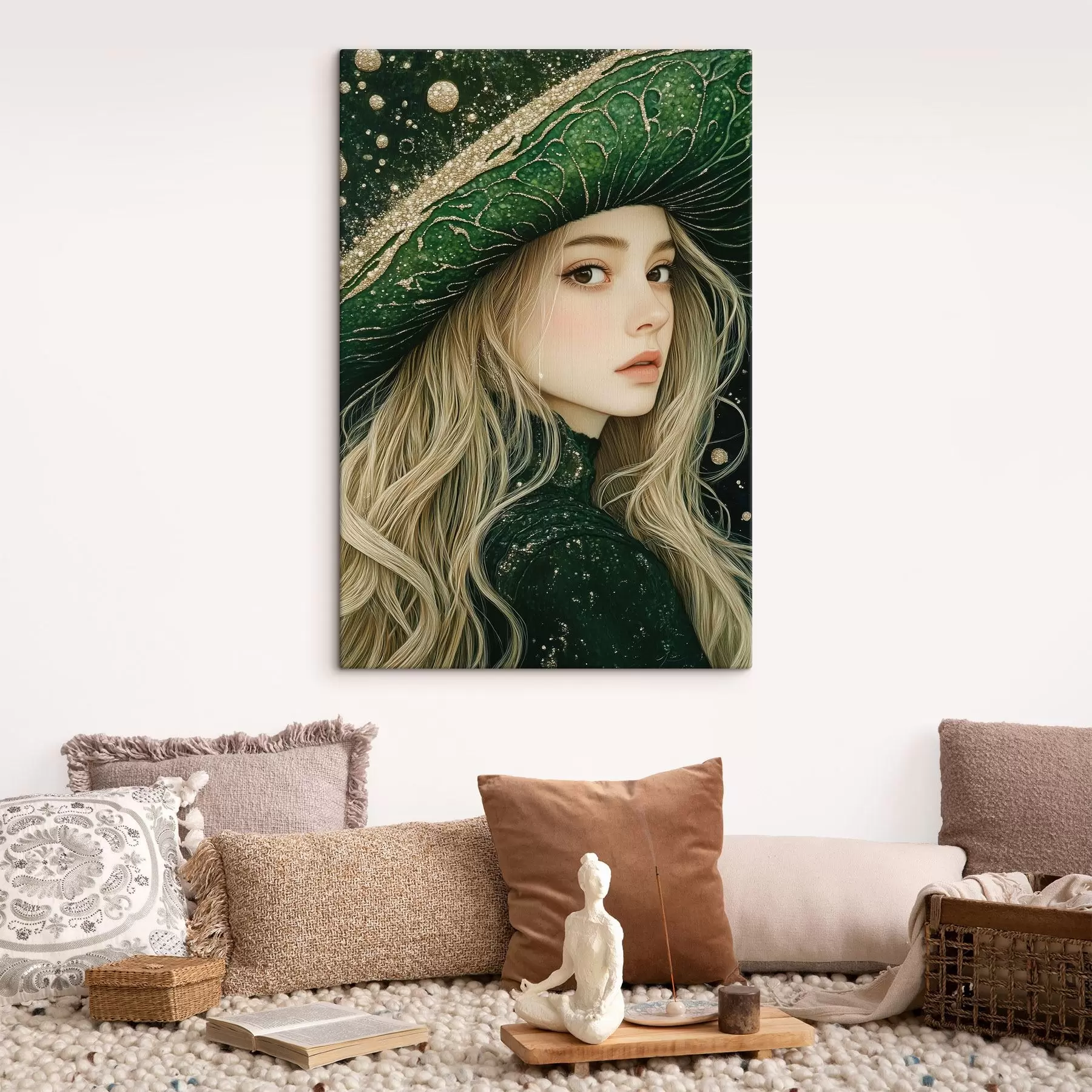 Tableau Portrait d'une jeune fille avec un chapeau vert s42982