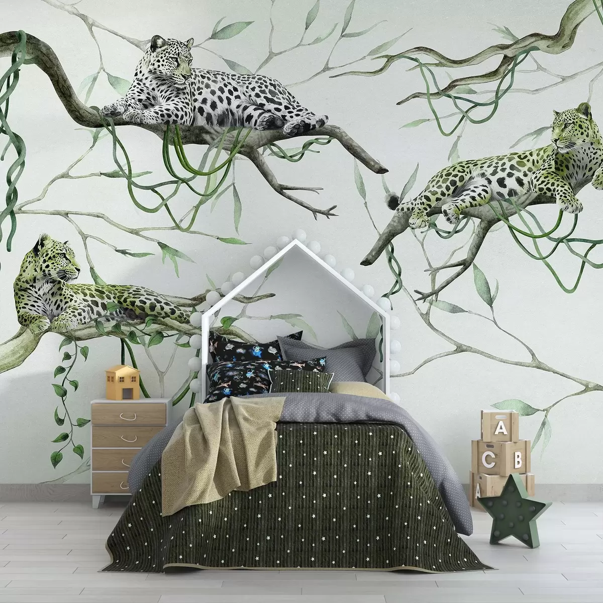 Papier peint Léopards sur les arbres de la jungle, lianes, tropical, animaux sauvages, palette de couleurs vertes w03146v1