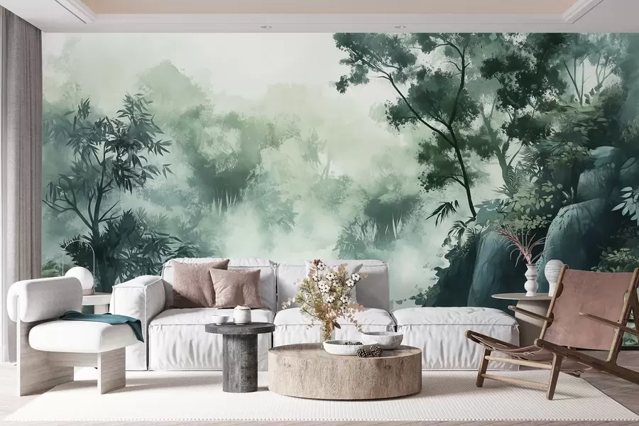 Papier peint Paysage oriental, jungle, arbres, style aquarelle, couleurs vertes w03149