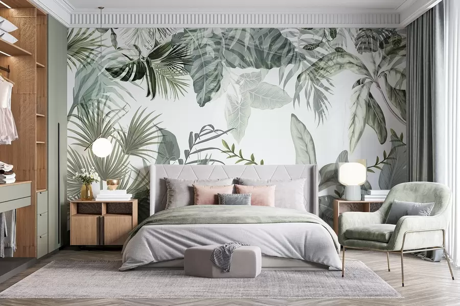 Papier peint Feuilles tropicales transparentes dans les tons verts sur fond blanc w08822