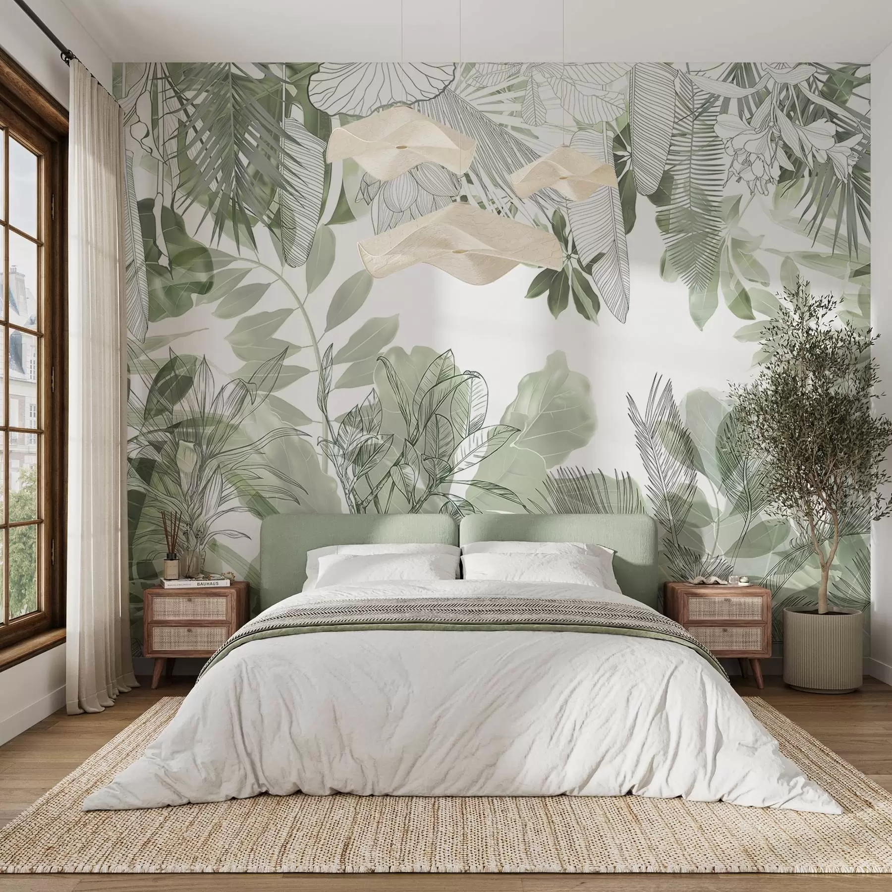 Papier peint Imprimé de la jungle verte, plantes et feuilles tropicales sur fond blanc w08823