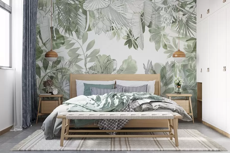 Papier peint Imprimé de la jungle verte, plantes et feuilles tropicales sur fond blanc w08823