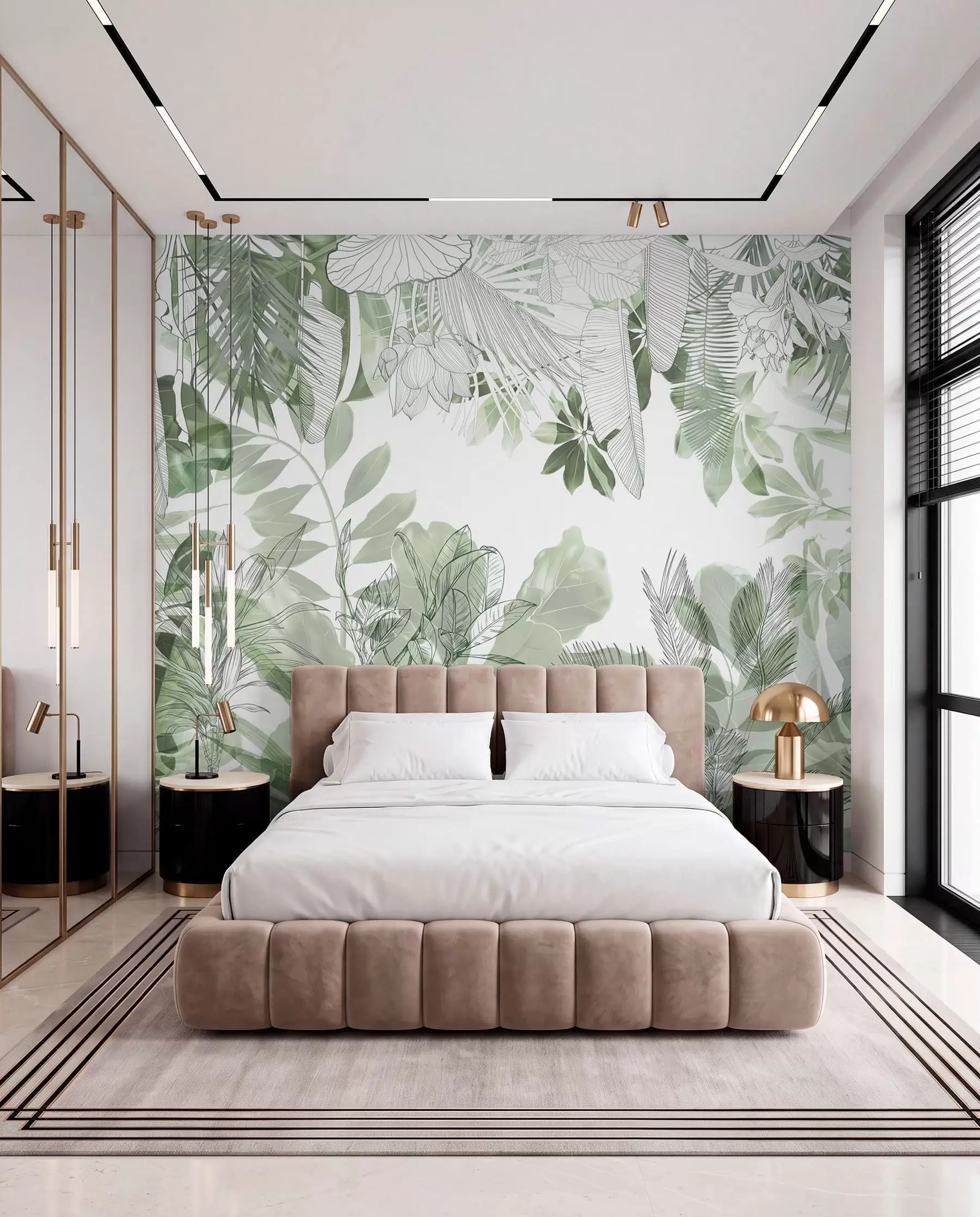 Papier peint Imprimé de la jungle verte, plantes et feuilles tropicales sur fond blanc w08823