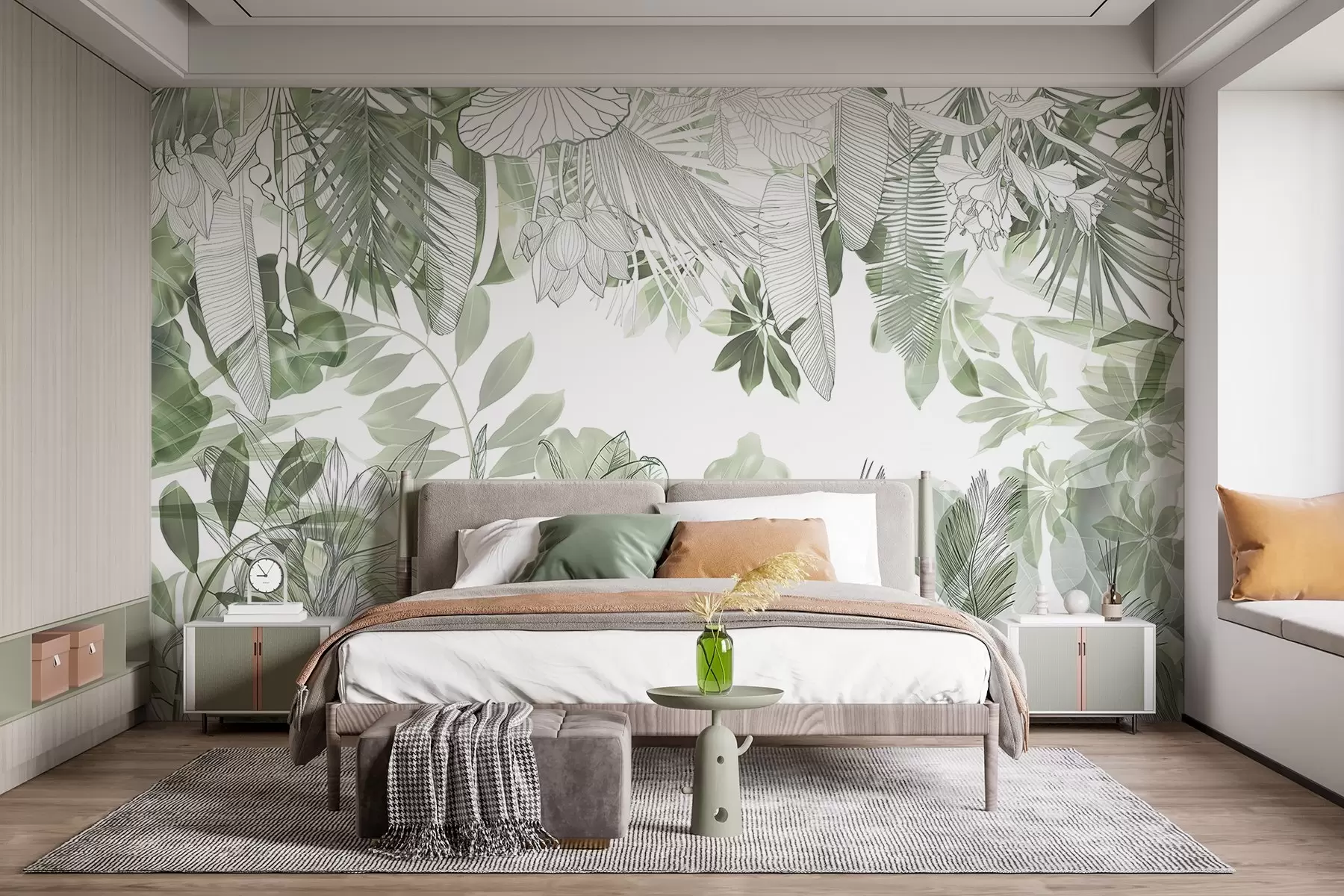 Papier peint Imprimé de la jungle verte, plantes et feuilles tropicales sur fond blanc w08823