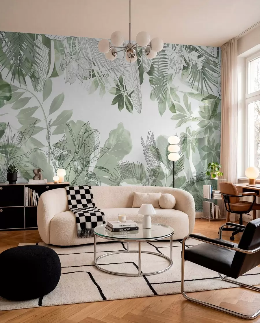 Papier peint Imprimé de la jungle verte, plantes et feuilles tropicales sur fond blanc w08823