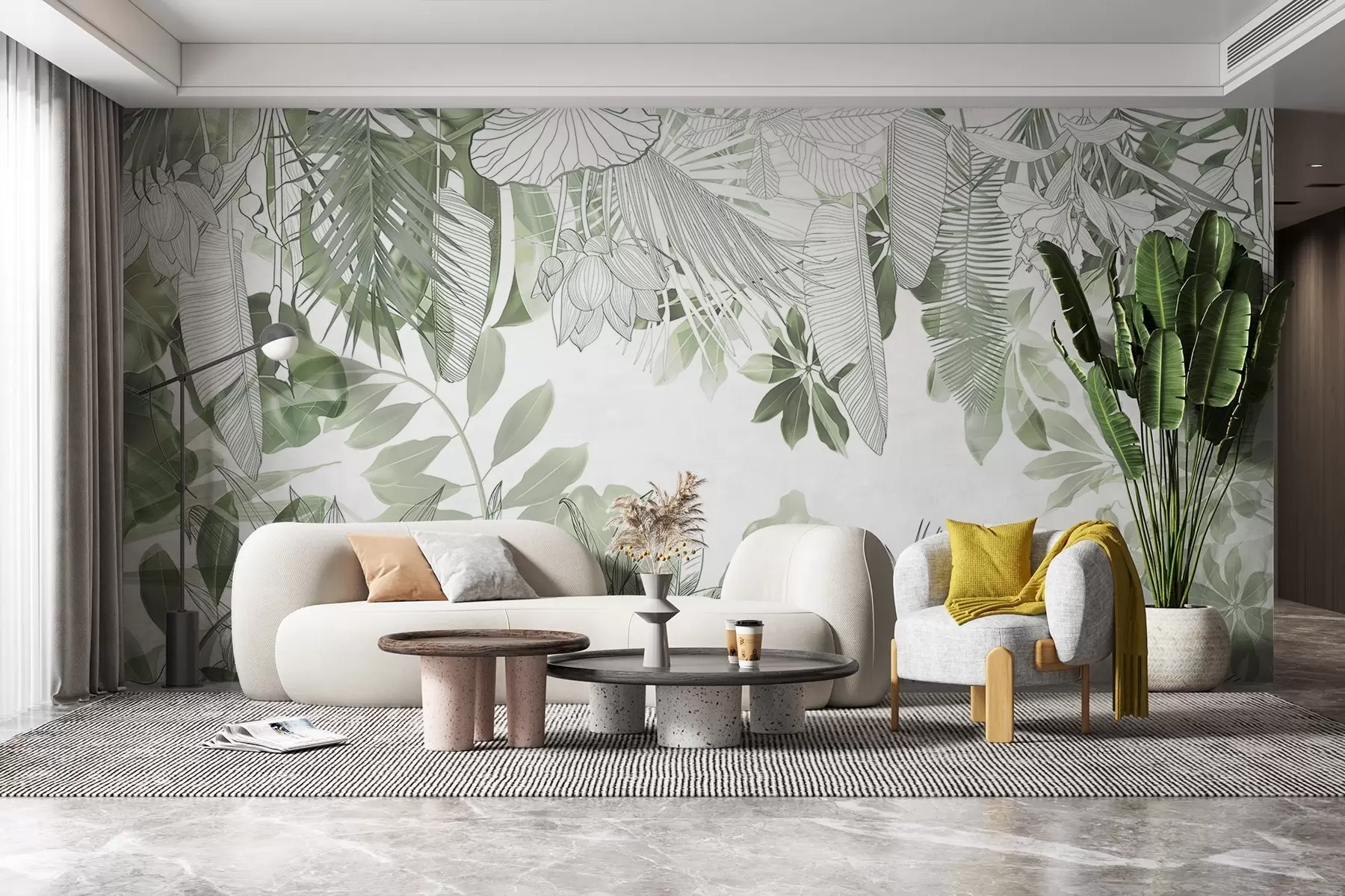 Papier peint Imprimé de la jungle verte, plantes et feuilles tropicales sur fond blanc w08823