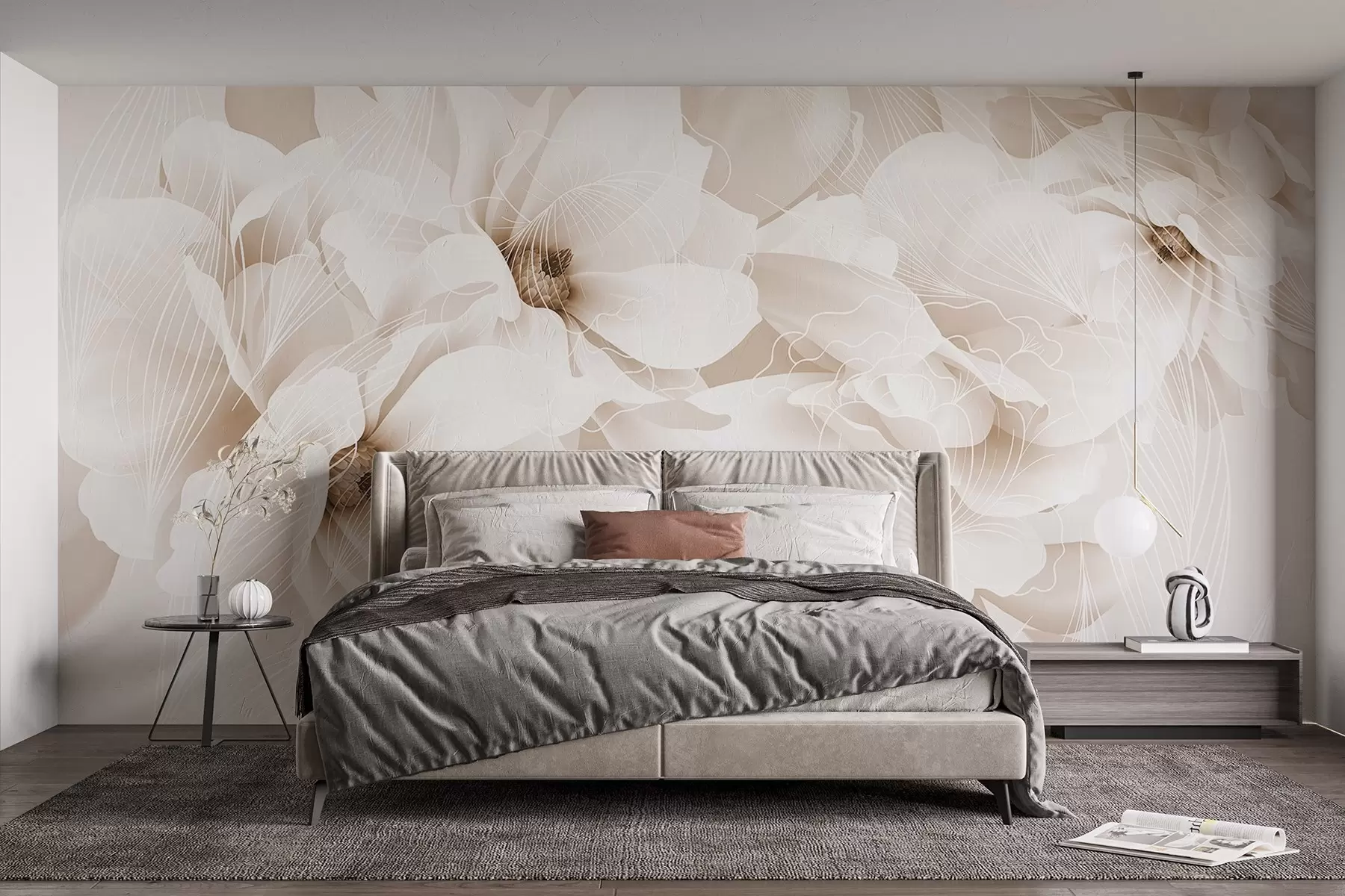 Papier peint Fleurs de pivoine pastel avec des pétales délicats blancs et beiges et des lignes blanches sur un fond beige clair w08826v1
