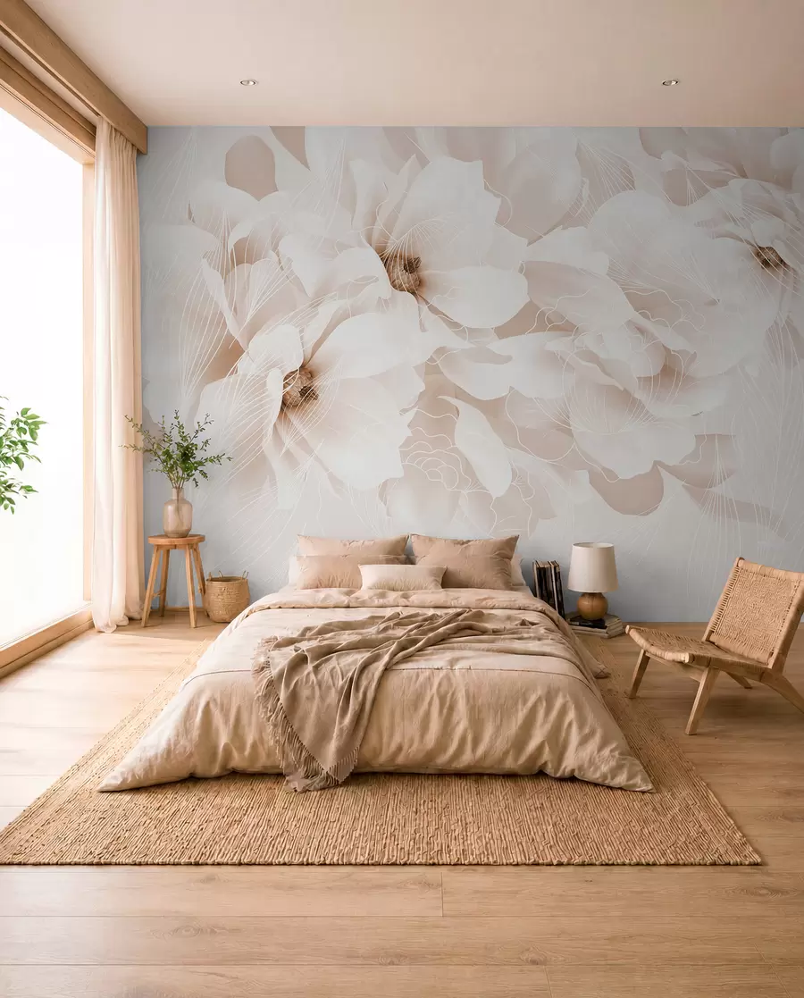 Papier peint Fleurs de pivoine pastel avec des pétales délicats blancs et beiges et des lignes blanches sur un fond beige clair w08826v1