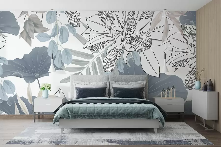 Papier peint Imprimé floral avec fleurs et feuilles de lotus en bleu et blanc sur fond blanc w08827