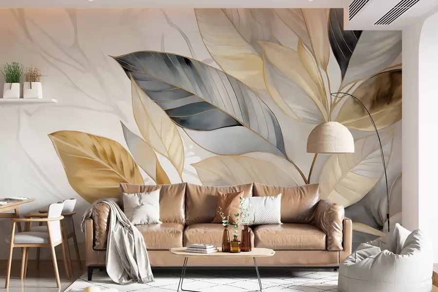 Papier peint Grandes feuilles délicates jaunes, grises et blanches sur un fond texturé abstrait blanc w08828