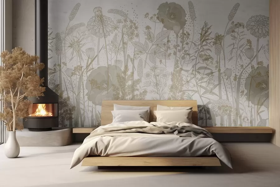 Papier peint Un champ de fleurs hautes et d'herbe dans des tons pastel beige clair sur un fond blanc w08829v1