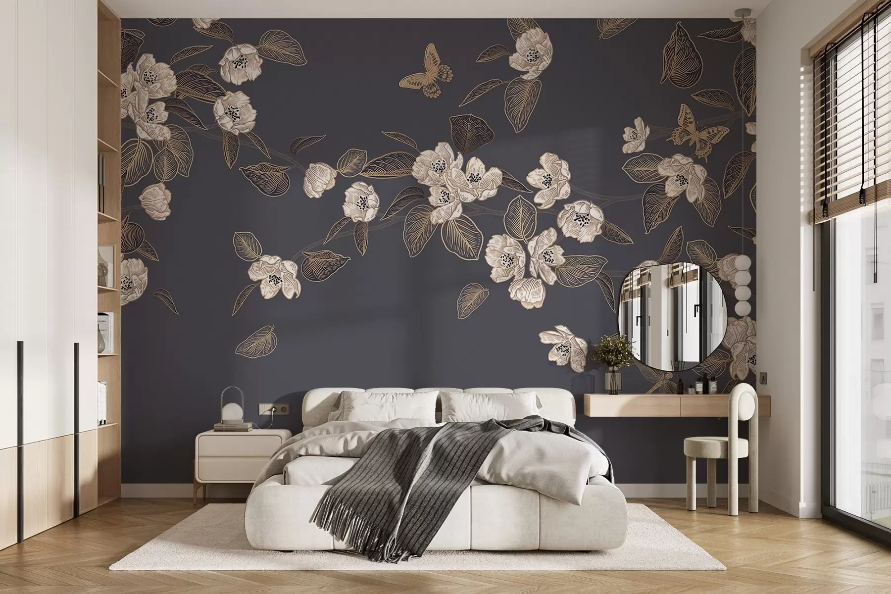 Papier peint Branche de cerisier avec fleurs, feuilles et papillons sur fond gris foncé w08830